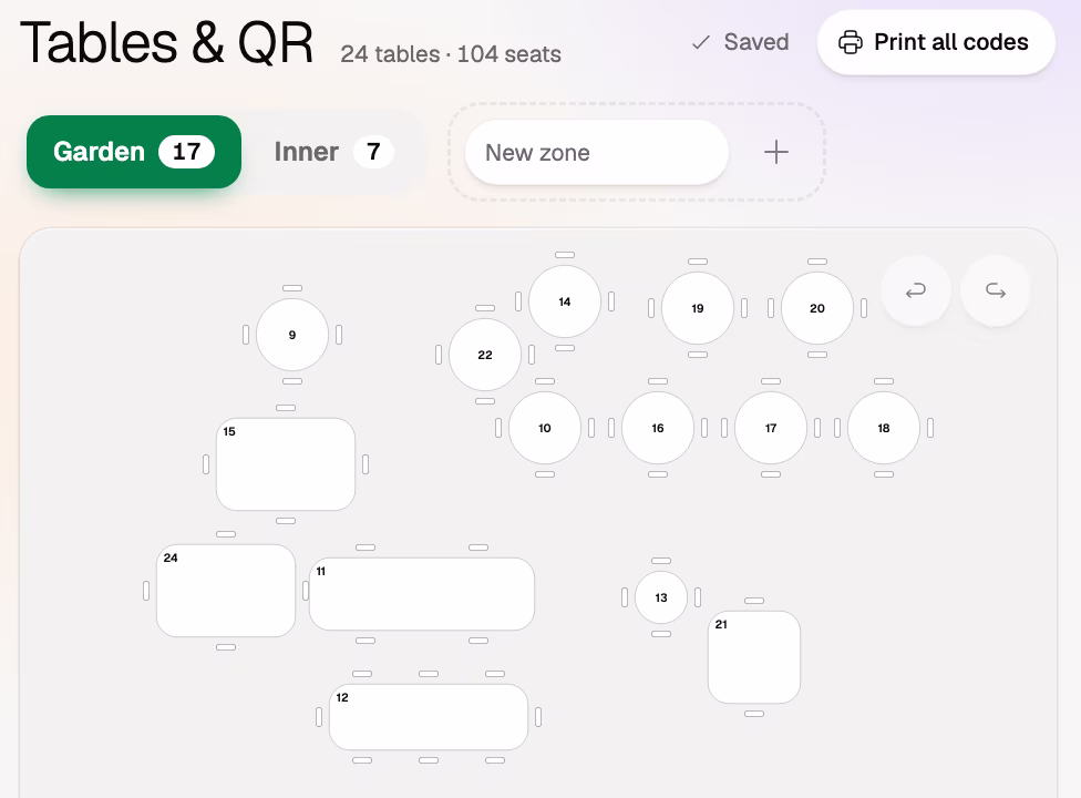 Tables and QR: the room plan and Print all codes