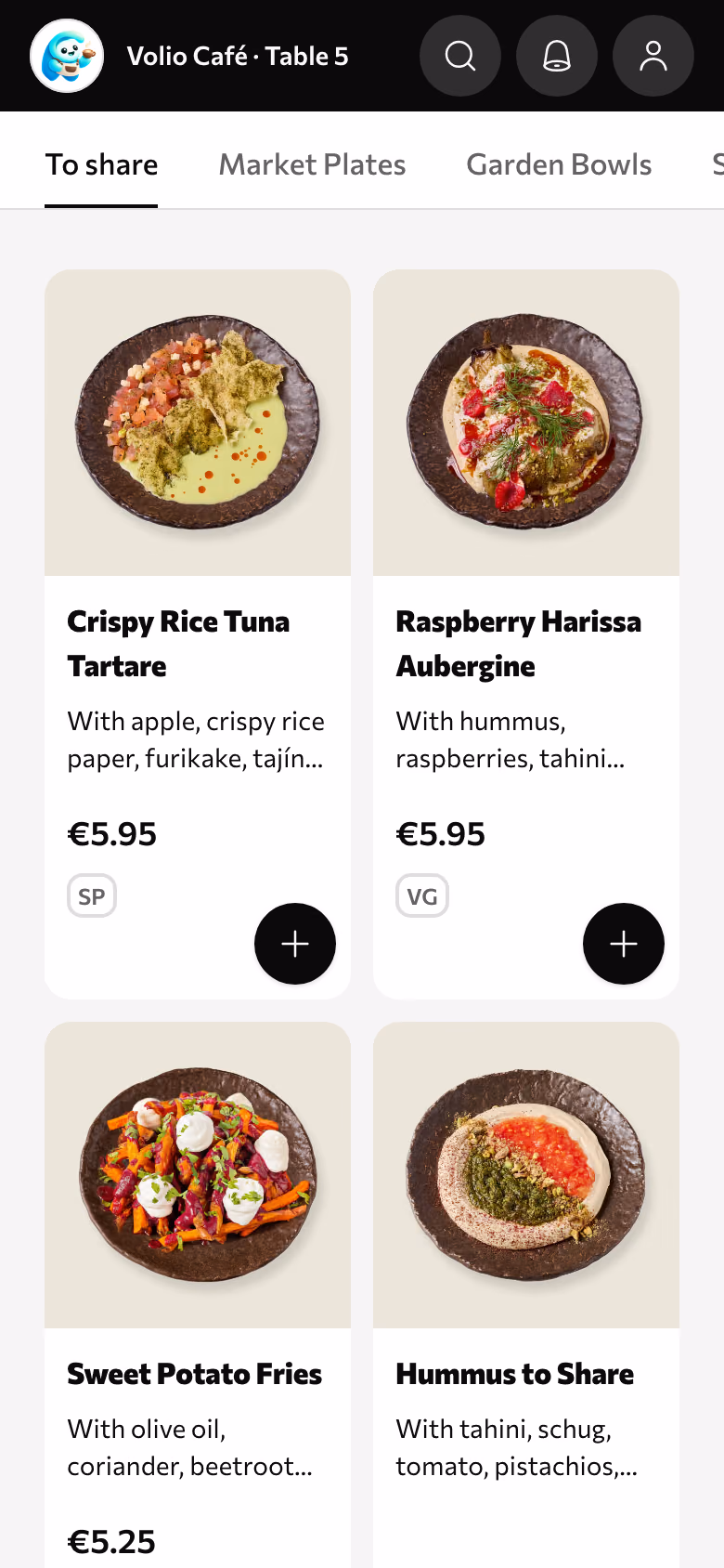 Volio Café's menu on a phone: dishes with photos and prices
