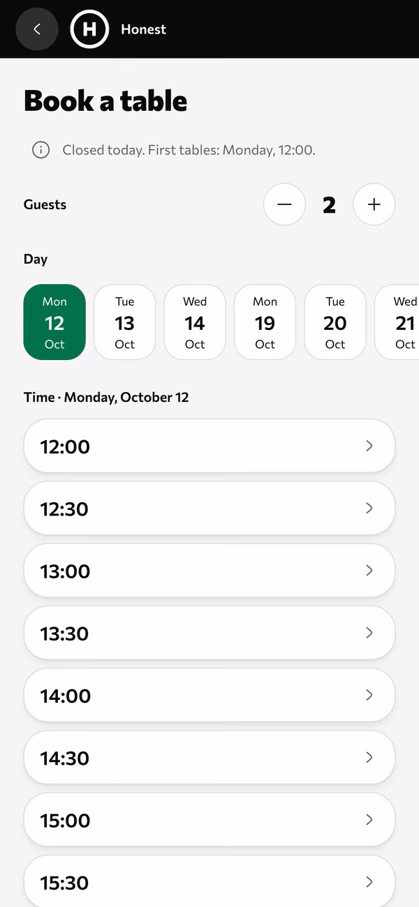 Book a table: guests, day and time