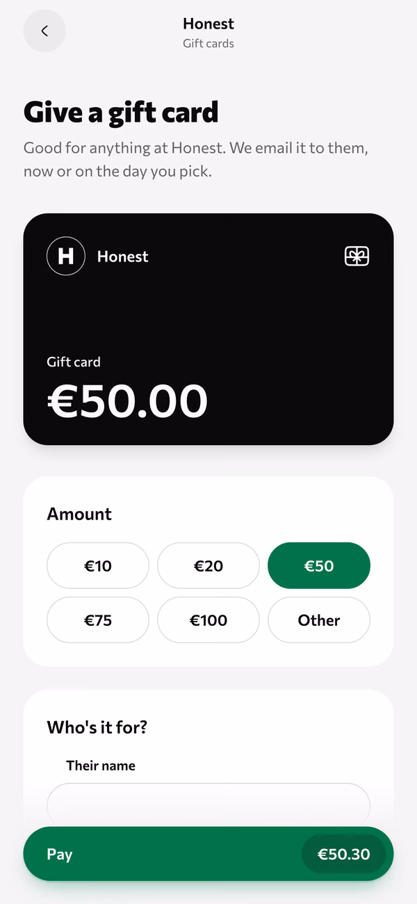 Give a gift card: pick an amount and who it's for