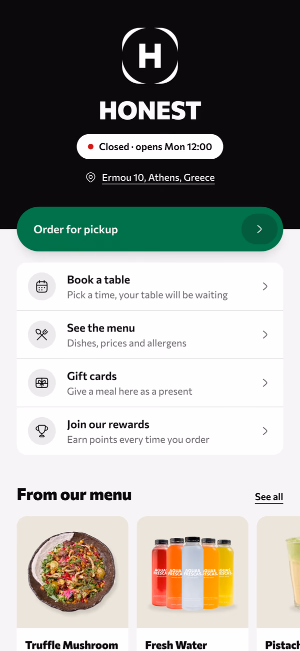 Honest's page on a phone: order for pickup, book a table, see the menu, gift cards, rewards