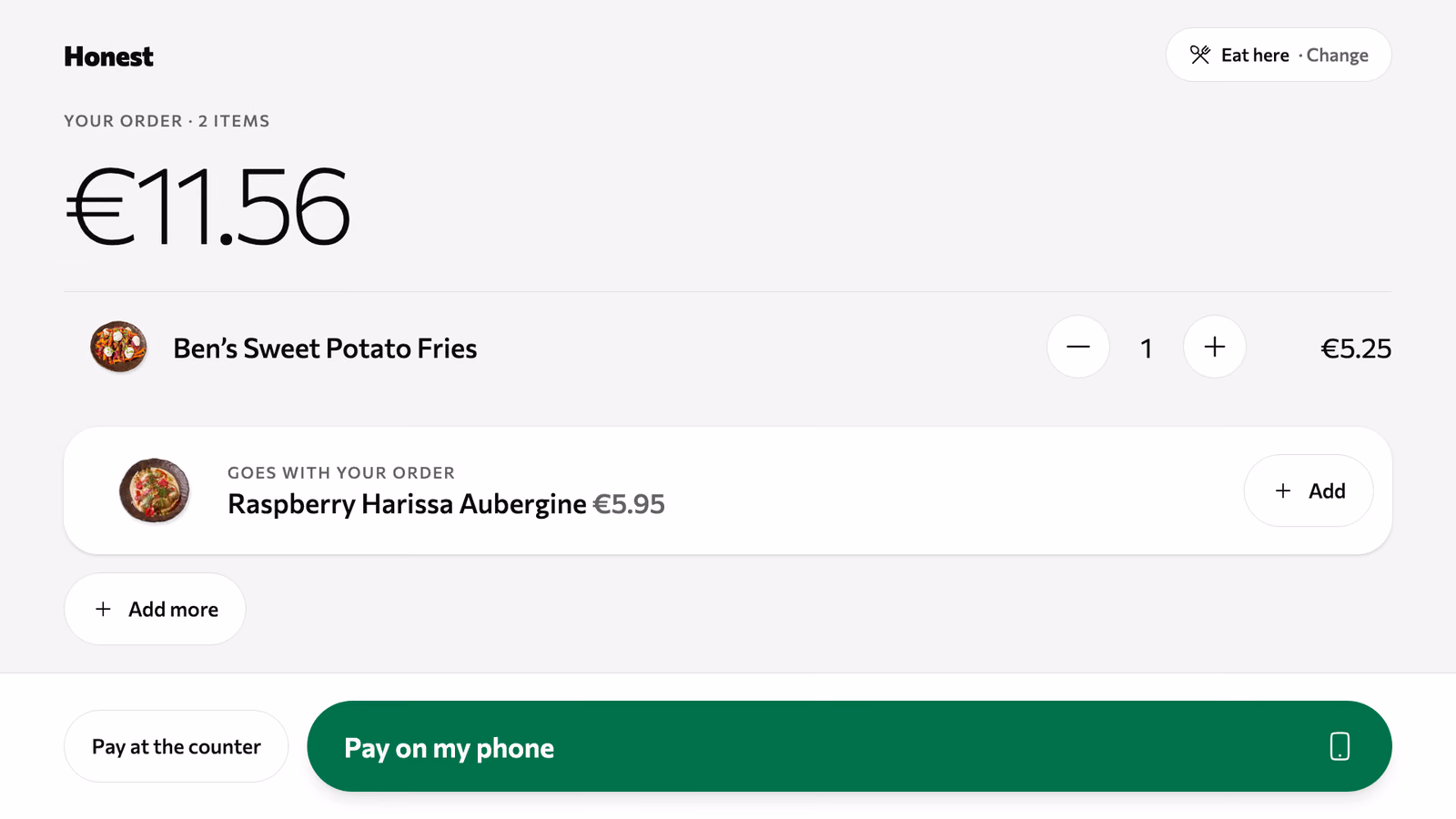 Your order, €11.56: pay at the counter or pay on my phone
