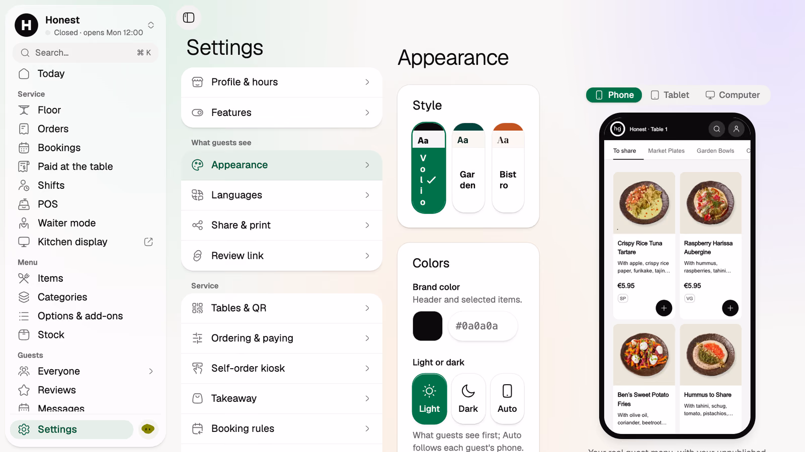 Appearance settings with a live phone preview