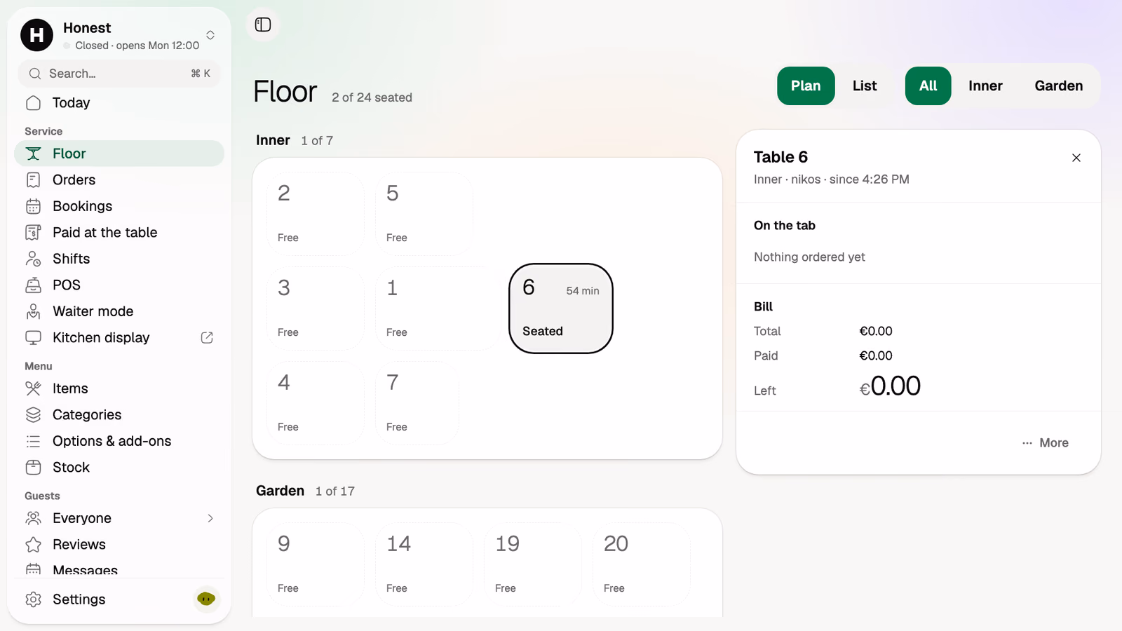 Floor plan: table 6 seated for 54 minutes with its tab