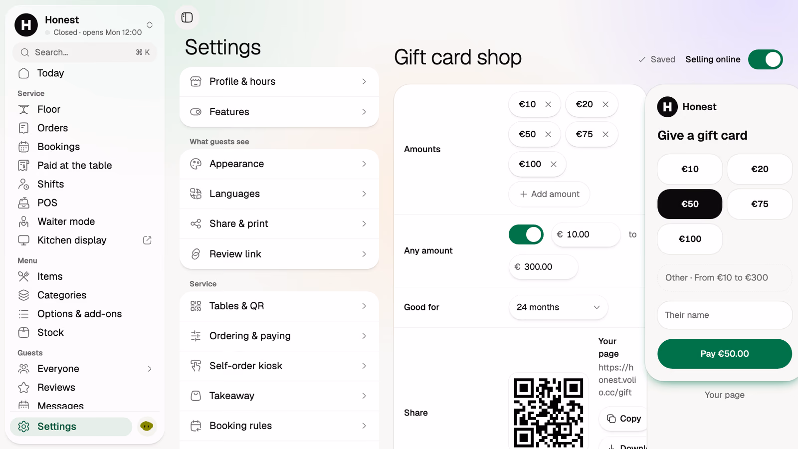 Gift card shop in the demo venue's back office: the amounts on offer, any amount between two limits, and a preview of the page guests buy on