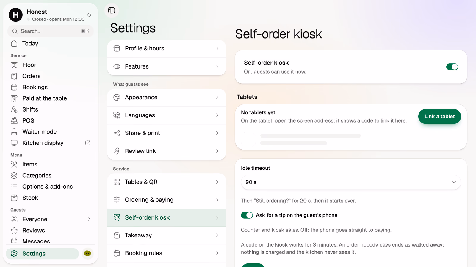 Self-order kiosk settings in the demo venue's back office: the kiosk switched on, Link a tablet, an idle timeout and a tip question