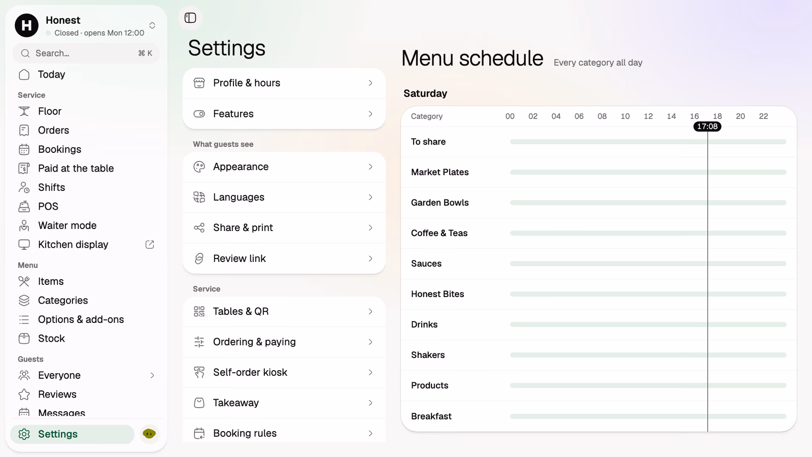 The demo venue's menu schedule for Saturday: each category on a timeline from midnight to midnight