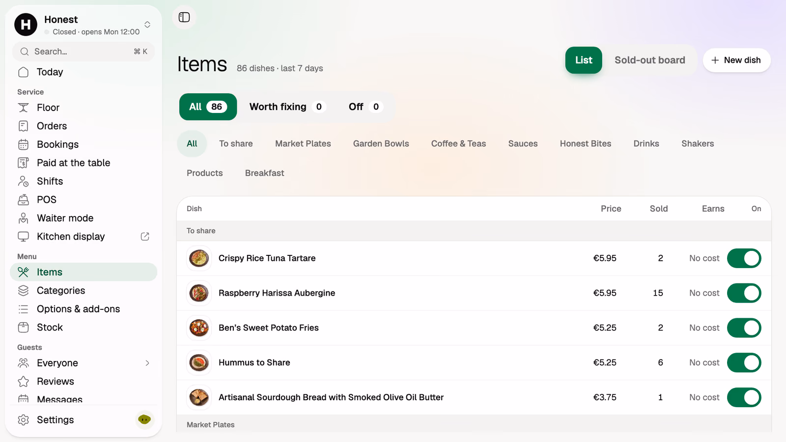 Menu items: dish, price, sold and an on/off switch