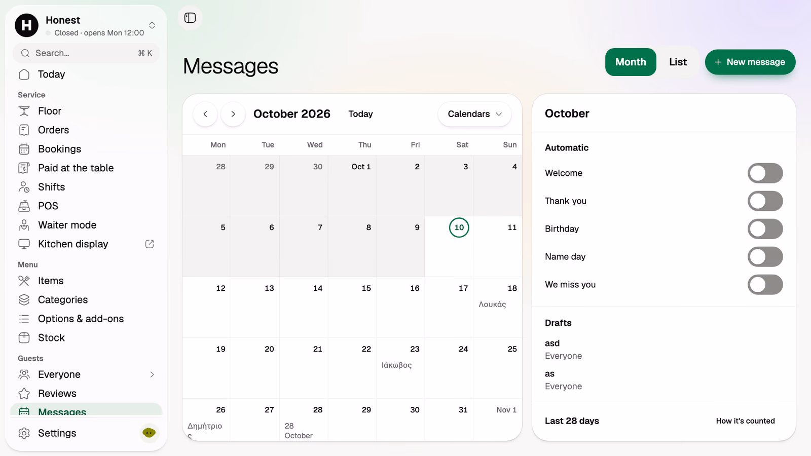 Messages: October calendar with automatic sends