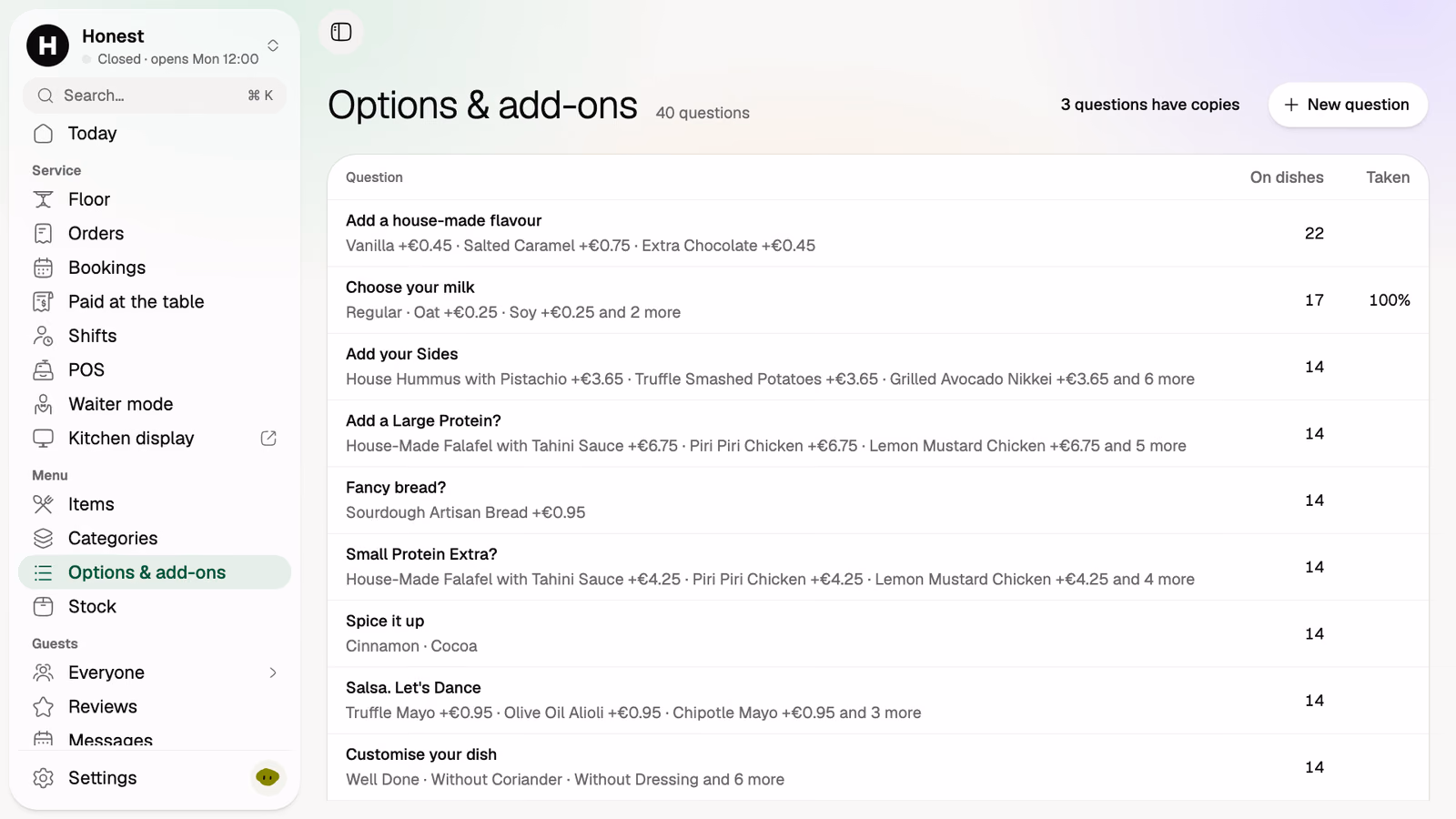 Options & add-ons in the demo venue's back office: questions such as Choose your milk and Add your Sides, with their choices and prices, and how many dishes ask each