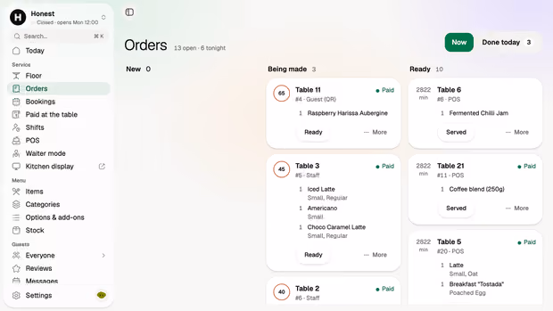 The orders board: new, being made, ready