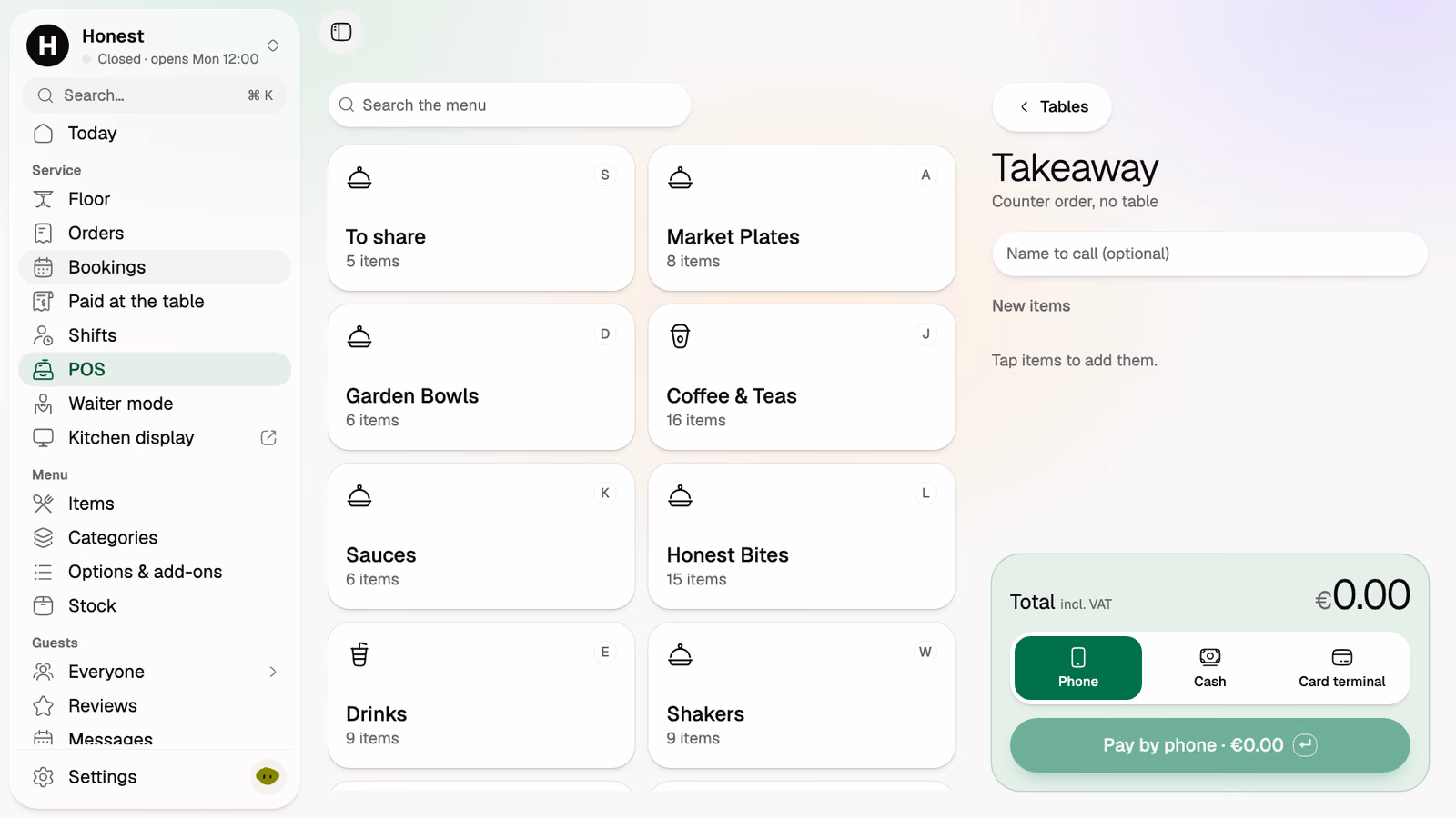 POS with menu categories and pay by phone, cash or card terminal