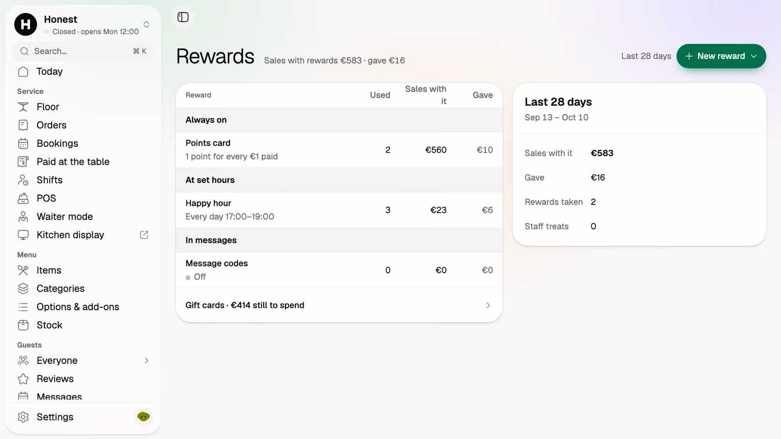 Rewards: points card, happy hour and message codes with sales for each