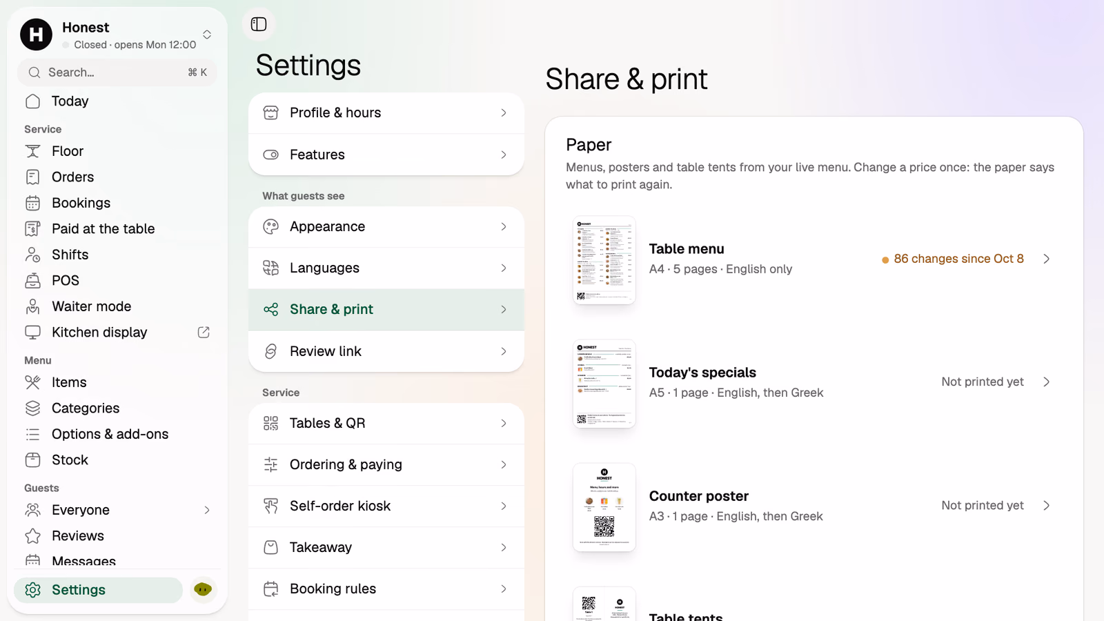 Share & print in the demo venue's back office: a table menu with 86 changes since it was printed, today's specials and a counter poster