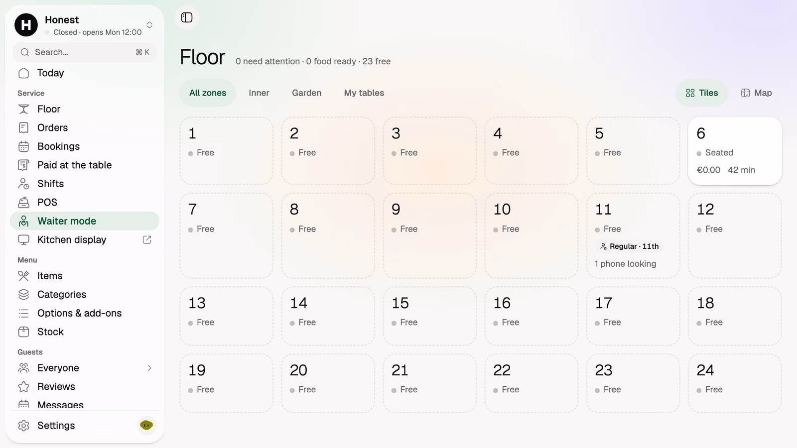 Waiter mode: 24 tables as tiles, one seated