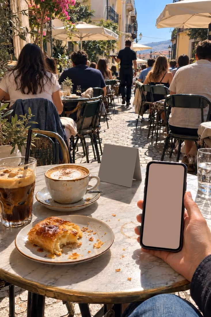 A café terrace in the sun: a freddo, a cappuccino and a pastry, and a guest’s phone