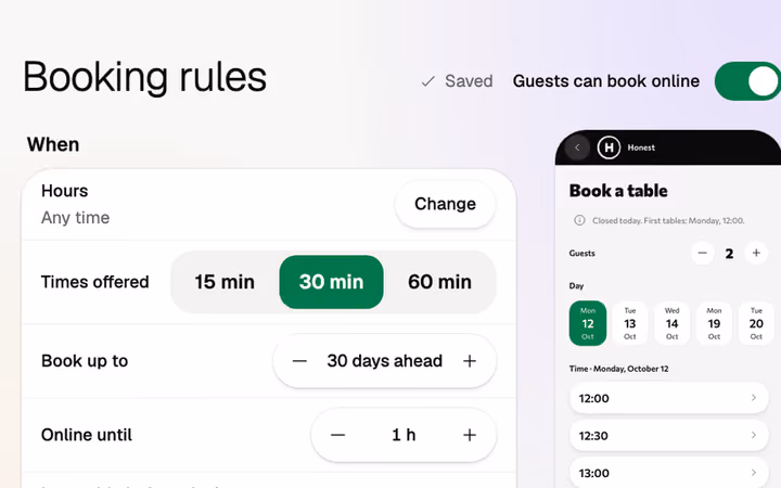 Booking rules: guests can book online, the times offered and how far ahead