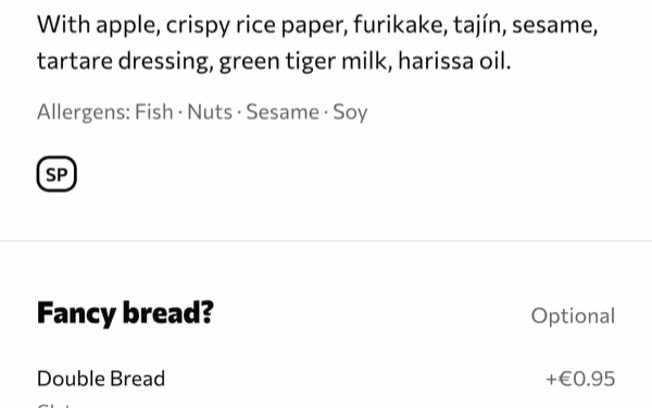 A dish on a phone with its price, allergens and an optional extra to pick