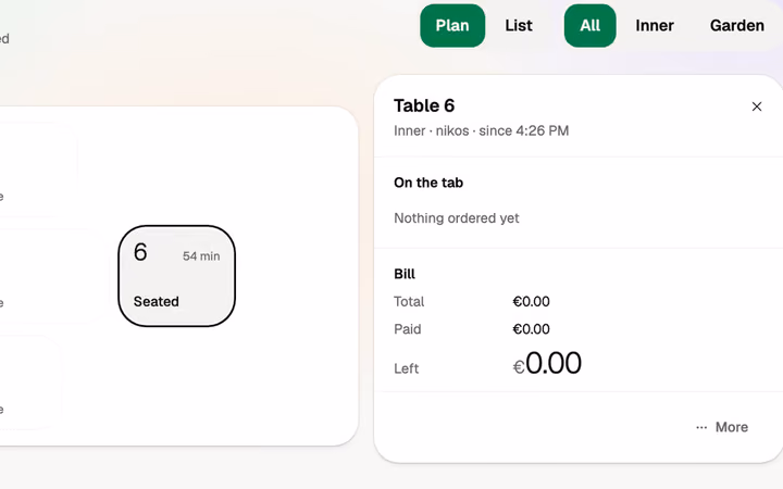 The floor plan with table 6 seated for 54 minutes and its bill beside it
