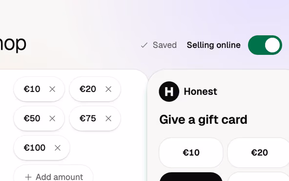 The gift card shop selling online, with the amounts a guest can pick