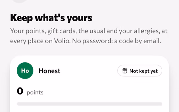 A guest's points at the venue, kept with an email and no password
