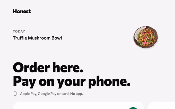 The self-order kiosk's start screen: order here, pay on your phone