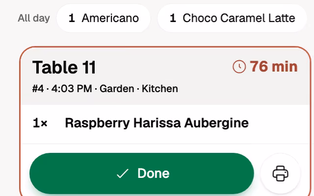 A kitchen ticket for table 11, 76 minutes, with a Done button