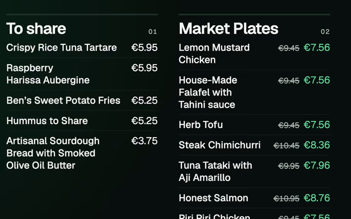 A menu board on a TV: dishes and prices, with happy hour prices