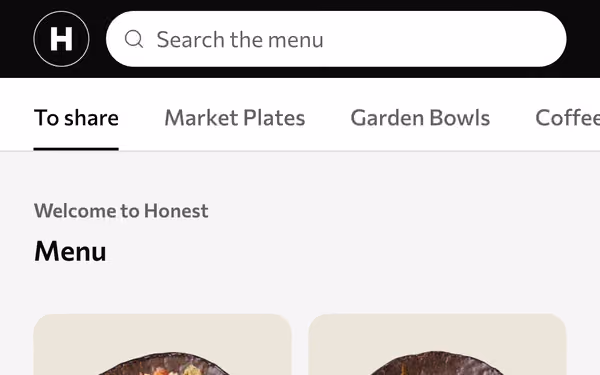 The top of the QR menu on a phone: a search field and the categories to filter by