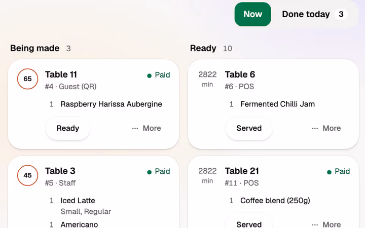 The orders board: tables 11, 3, 6 and 21, each order marked paid, being made or served