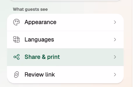Settings for what guests see: appearance, languages, share and print, and the review link
