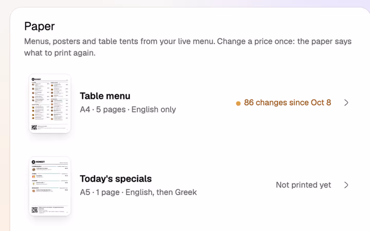 Paper menus printed from the live menu: the table menu marked 86 changes since October 8