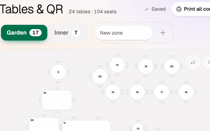 Tables and QR: the room drawn as tables, with Print all codes