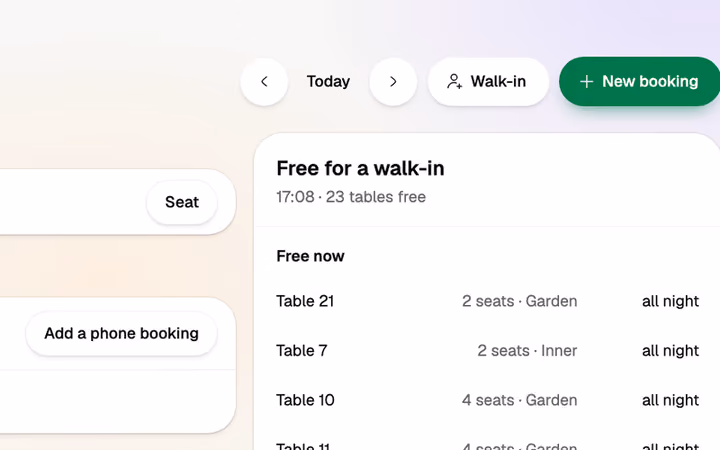 Bookings: a Walk-in button and the tables free for a walk-in right now